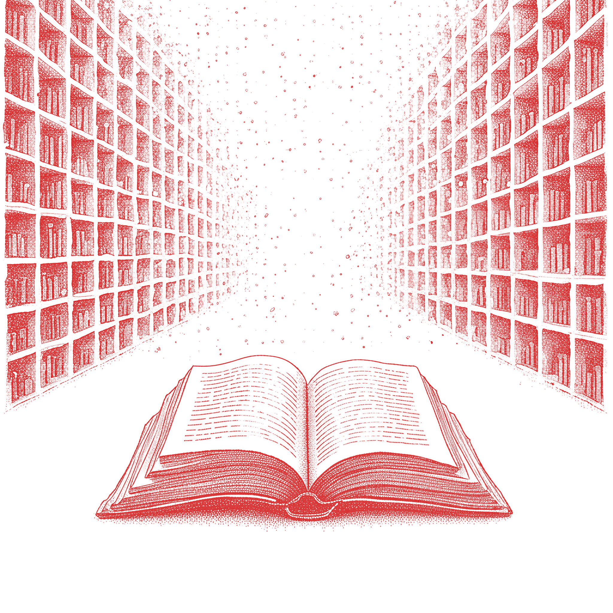 An open book opening onto an endless library of books
