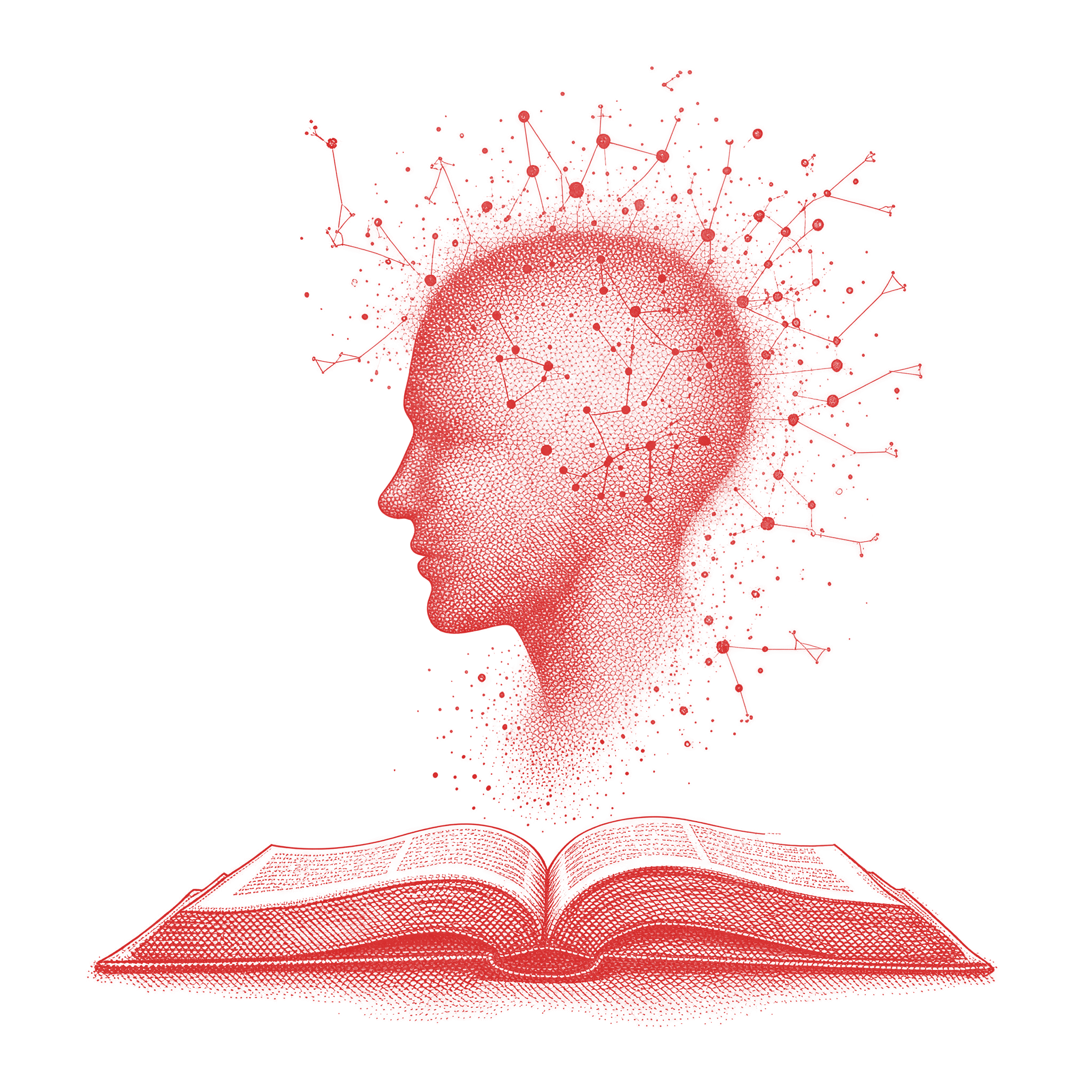 A head in profile filled with linked stars rising from an open book
