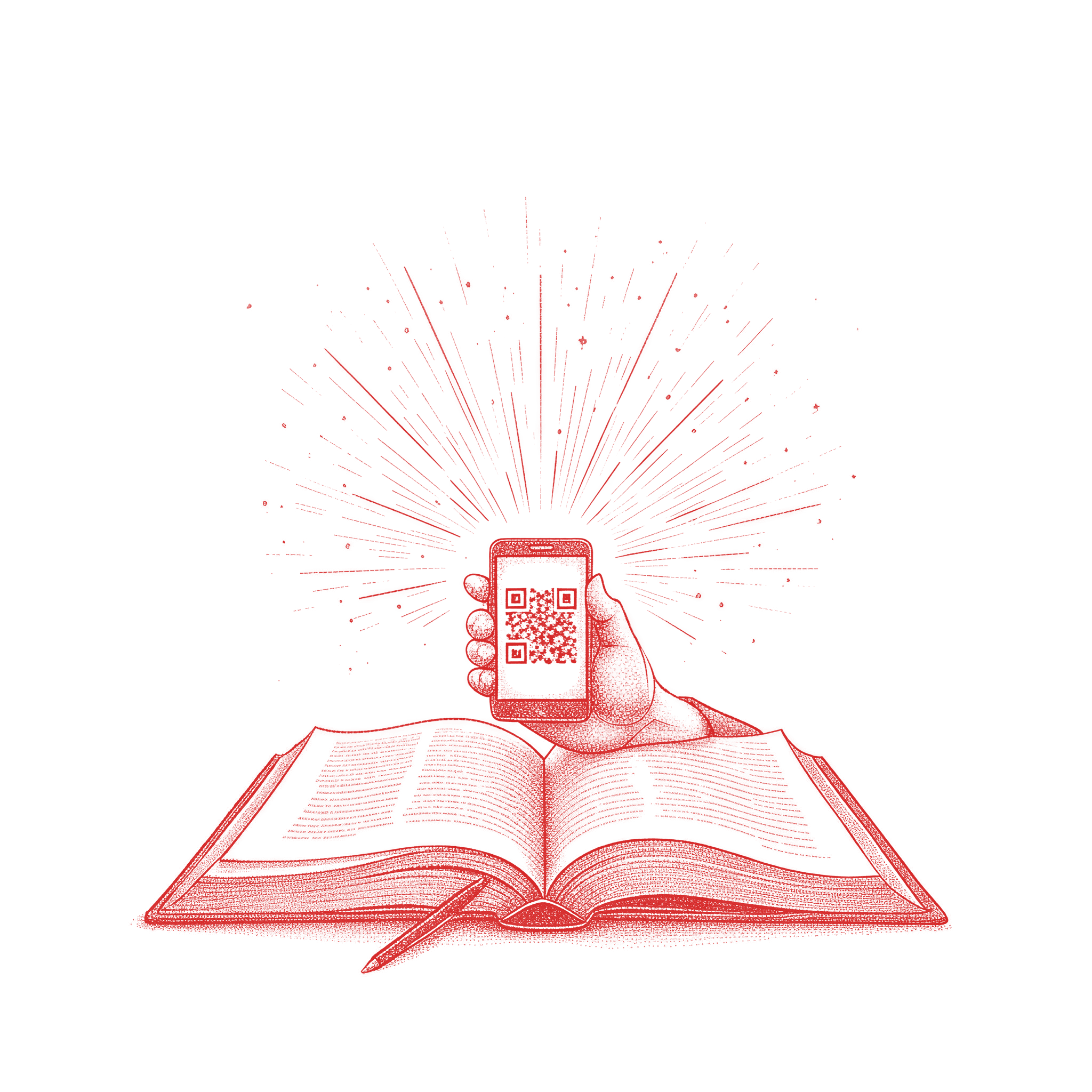 A hand lifts a phone above an open book; light radiates as the page wakes